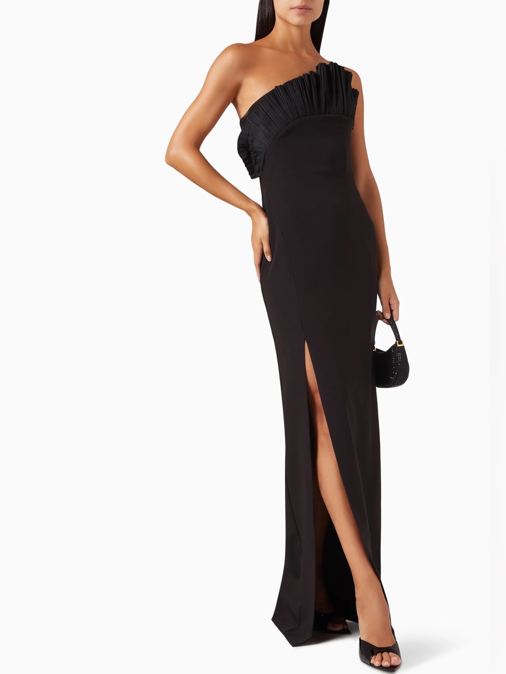 Marchesa Notte Black Pleated Neckline Strapless Gown Maxi NWT Size 6